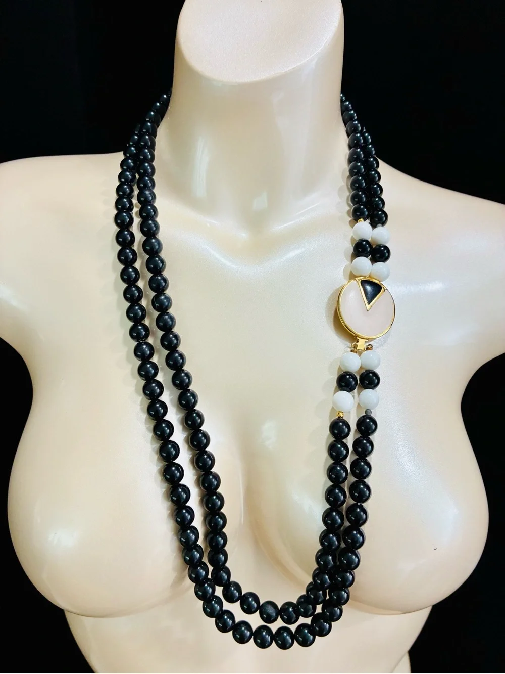 VTG 80s Black and White Beaded Layered Necklace with Gold Enamel Security Clasp